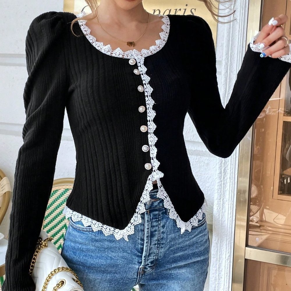 Black Preppy Womens Guipure Lace Trim Puff Sleeve Button Front Jacket - Picture 5 of 5